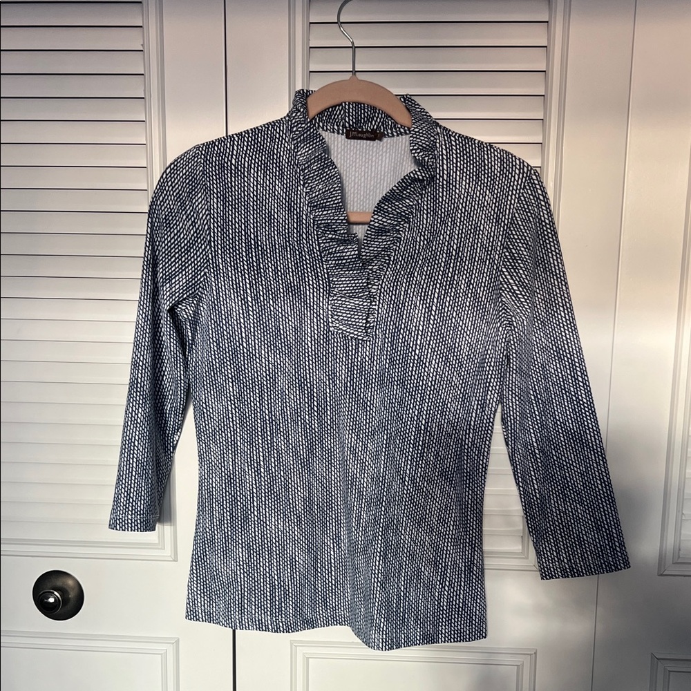 J. McLaughlin Navy and White Ruffle Blouse